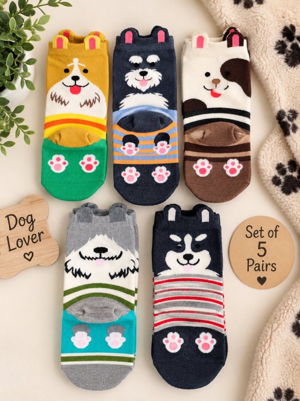 Dog Lover Novelty Crew Socks Set of 5 Pairs NWT Cute Puppy Animal Socks